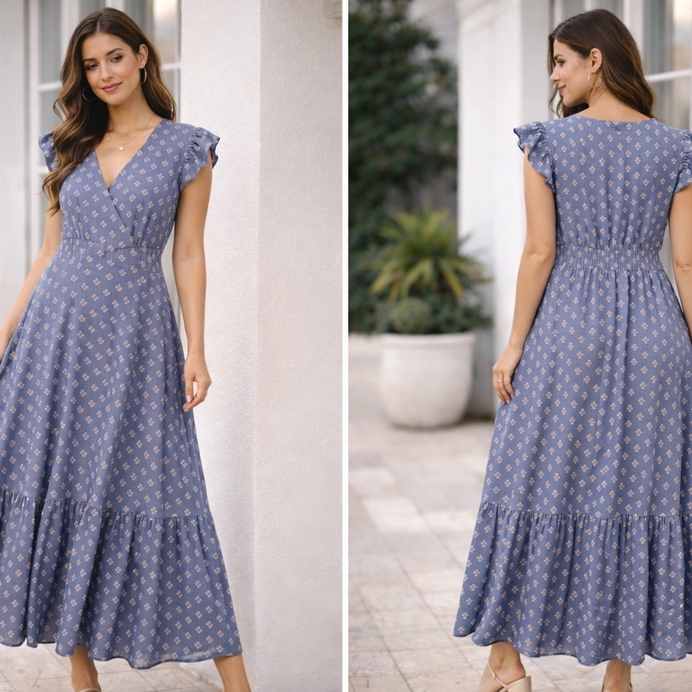 Floral Maxi Dress | Ruffle Sleeve | Smocked Waist | Boho Flowy Dress | Size L
